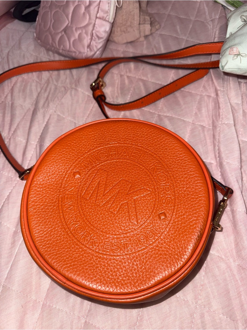 Michael Kors Orange Pebbled Leather Round Crossbody